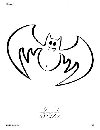 Free printable bat Halloween coloring page and cursive word tracing worksheet, perfect for preschool, pre-k, and kindergarten, PDF