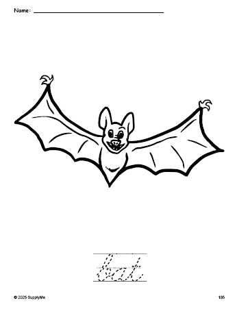 Free printable bat Halloween coloring page and cursive word tracing worksheet, perfect for preschool, pre-k, and kindergarten, PDF