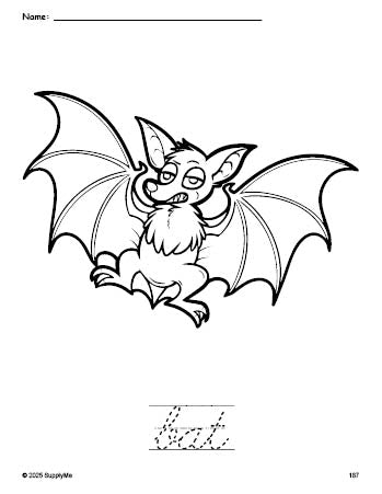 Free printable bat Halloween coloring page and cursive word tracing worksheet, perfect for preschool, pre-k, and kindergarten, PDF