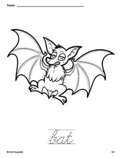 Free printable bat Halloween coloring page and cursive word tracing worksheet, perfect for preschool, pre-k, and kindergarten, PDF