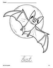 Free printable bat Halloween coloring page and cursive word tracing worksheet, perfect for preschool, pre-k, and kindergarten, PDF