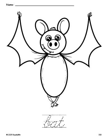 Free printable bat Halloween coloring page and cursive word tracing worksheet, perfect for preschool, pre-k, and kindergarten, PDF