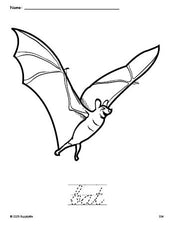 Free printable bat Halloween coloring page and cursive word tracing worksheet, perfect for preschool, pre-k, and kindergarten, PDF