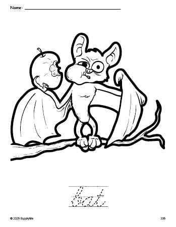 Free printable bat Halloween coloring page and cursive word tracing worksheet, perfect for preschool, pre-k, and kindergarten, PDF