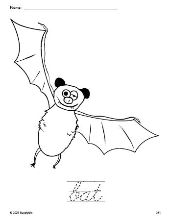 Free printable bat Halloween coloring page and cursive word tracing worksheet, perfect for preschool, pre-k, and kindergarten, PDF