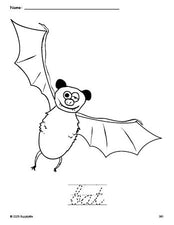 Free printable bat Halloween coloring page and cursive word tracing worksheet, perfect for preschool, pre-k, and kindergarten, PDF