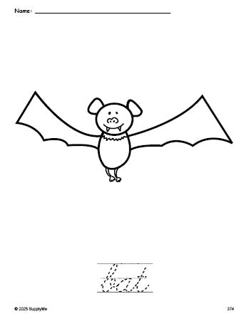 Free printable bat Halloween coloring page and cursive word tracing worksheet, perfect for preschool, pre-k, and kindergarten, PDF