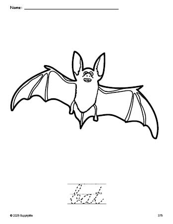 Free printable bat Halloween coloring page and cursive word tracing worksheet, perfect for preschool, pre-k, and kindergarten, PDF