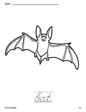 Free printable bat Halloween coloring page and cursive word tracing worksheet, perfect for preschool, pre-k, and kindergarten, PDF