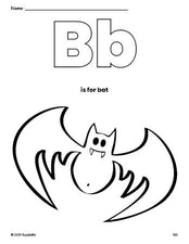 Free printable bat Halloween coloring page, letter b coloring page for preschool, pre-k, and kindergarten, PDF