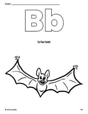 Free printable bat Halloween coloring page, letter b coloring page for preschool, pre-k, and kindergarten, PDF