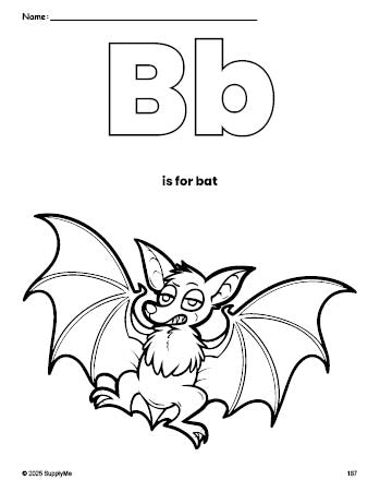 Free printable bat Halloween coloring page, letter b coloring page for preschool, pre-k, and kindergarten, PDF