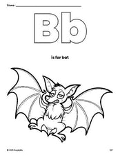 Free printable bat Halloween coloring page, letter b coloring page for preschool, pre-k, and kindergarten, PDF