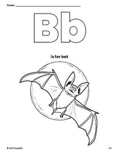 Free printable bat Halloween coloring page, letter b coloring page for preschool, pre-k, and kindergarten, PDF