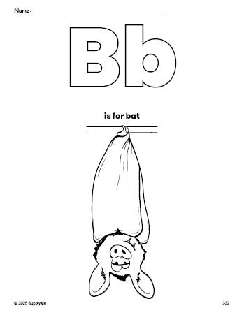 Free printable bat Halloween coloring page, letter b coloring page for preschool, pre-k, and kindergarten, PDF