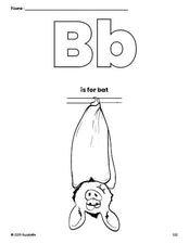 Free printable bat Halloween coloring page, letter b coloring page for preschool, pre-k, and kindergarten, PDF