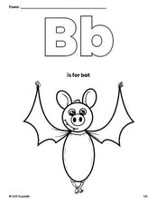 Free printable bat Halloween coloring page, letter b coloring page for preschool, pre-k, and kindergarten, PDF