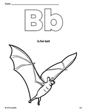 Free printable bat Halloween coloring page, letter b coloring page for preschool, pre-k, and kindergarten, PDF