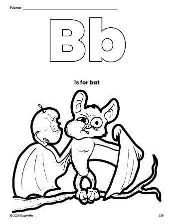 Free printable bat Halloween coloring page, letter b coloring page for preschool, pre-k, and kindergarten, PDF