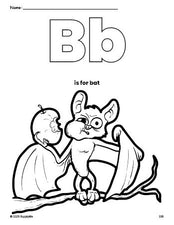 Free printable bat Halloween coloring page, letter b coloring page for preschool, pre-k, and kindergarten, PDF