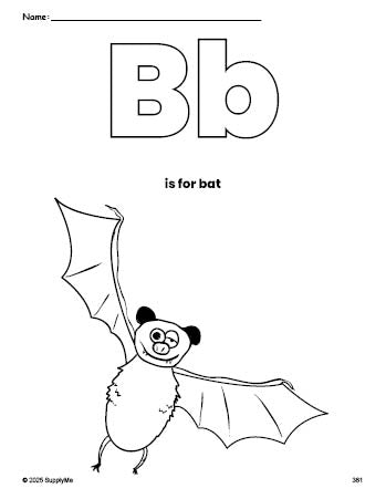 Free printable bat Halloween coloring page, letter b coloring page for preschool, pre-k, and kindergarten, PDF