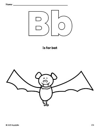 Free printable bat Halloween coloring page, letter b coloring page for preschool, pre-k, and kindergarten, PDF