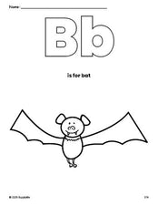 Free printable bat Halloween coloring page, letter b coloring page for preschool, pre-k, and kindergarten, PDF