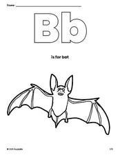 Free printable bat Halloween coloring page, letter b coloring page for preschool, pre-k, and kindergarten, PDF