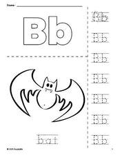 Free printable bat Halloween coloring page and letter tracing worksheet, letter b worksheet for preschool, pre-k, and kindergarten, PDF