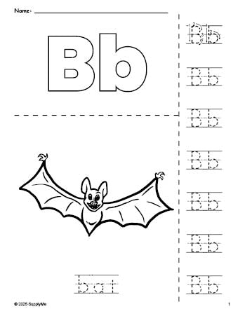 Free printable bat Halloween coloring page and letter tracing worksheet, letter b worksheet for preschool, pre-k, and kindergarten, PDF