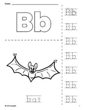 Free printable bat Halloween coloring page and letter tracing worksheet, letter b worksheet for preschool, pre-k, and kindergarten, PDF