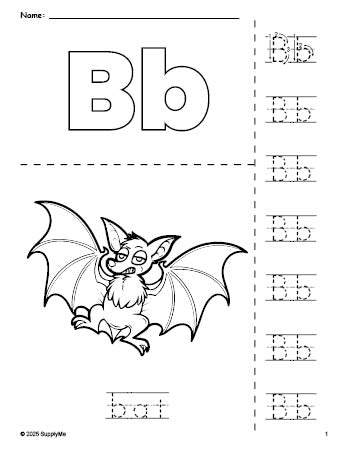 Free printable bat Halloween coloring page and letter tracing worksheet, letter b worksheet for preschool, pre-k, and kindergarten, PDF