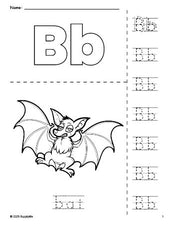 Free printable bat Halloween coloring page and letter tracing worksheet, letter b worksheet for preschool, pre-k, and kindergarten, PDF