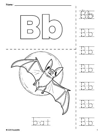 Free printable bat Halloween coloring page and letter tracing worksheet, letter b worksheet for preschool, pre-k, and kindergarten, PDF