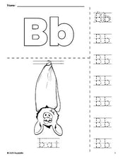 Free printable bat Halloween coloring page and letter tracing worksheet, letter b worksheet for preschool, pre-k, and kindergarten, PDF