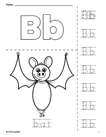 Free printable bat Halloween coloring page and letter tracing worksheet, letter b worksheet for preschool, pre-k, and kindergarten, PDF