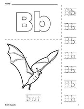 Free printable bat Halloween coloring page and letter tracing worksheet, letter b worksheet for preschool, pre-k, and kindergarten, PDF