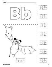 Free printable bat Halloween coloring page and letter tracing worksheet, letter b worksheet for preschool, pre-k, and kindergarten, PDF