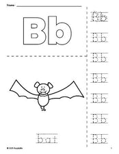 Free printable bat Halloween coloring page and letter tracing worksheet, letter b worksheet for preschool, pre-k, and kindergarten, PDF