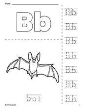 Free printable bat Halloween coloring page and letter tracing worksheet, letter b worksheet for preschool, pre-k, and kindergarten, PDF