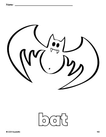 Free printable bat Halloween coloring page for preschool, pre-k, and kindergarten, PDF