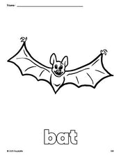 Free printable bat Halloween coloring page for preschool, pre-k, and kindergarten, PDF