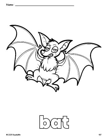 Free printable bat Halloween coloring page for preschool, pre-k, and kindergarten, PDF