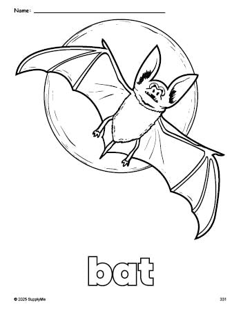 Free printable bat Halloween coloring page for preschool, pre-k, and kindergarten, PDF