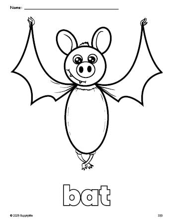 Free printable bat Halloween coloring page for preschool, pre-k, and kindergarten, PDF