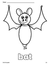 Free printable bat Halloween coloring page for preschool, pre-k, and kindergarten, PDF