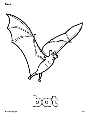 Free printable bat Halloween coloring page for preschool, pre-k, and kindergarten, PDF