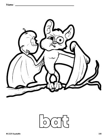 Free printable bat Halloween coloring page for preschool, pre-k, and kindergarten, PDF