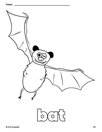 Free printable bat Halloween coloring page for preschool, pre-k, and kindergarten, PDF