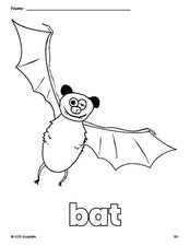 Free printable bat Halloween coloring page for preschool, pre-k, and kindergarten, PDF